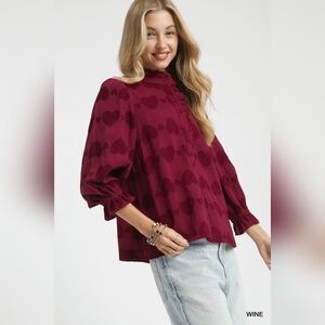 Elegant Burgundy Umgee Heart Jacquard Ruffle Trim Blouse
